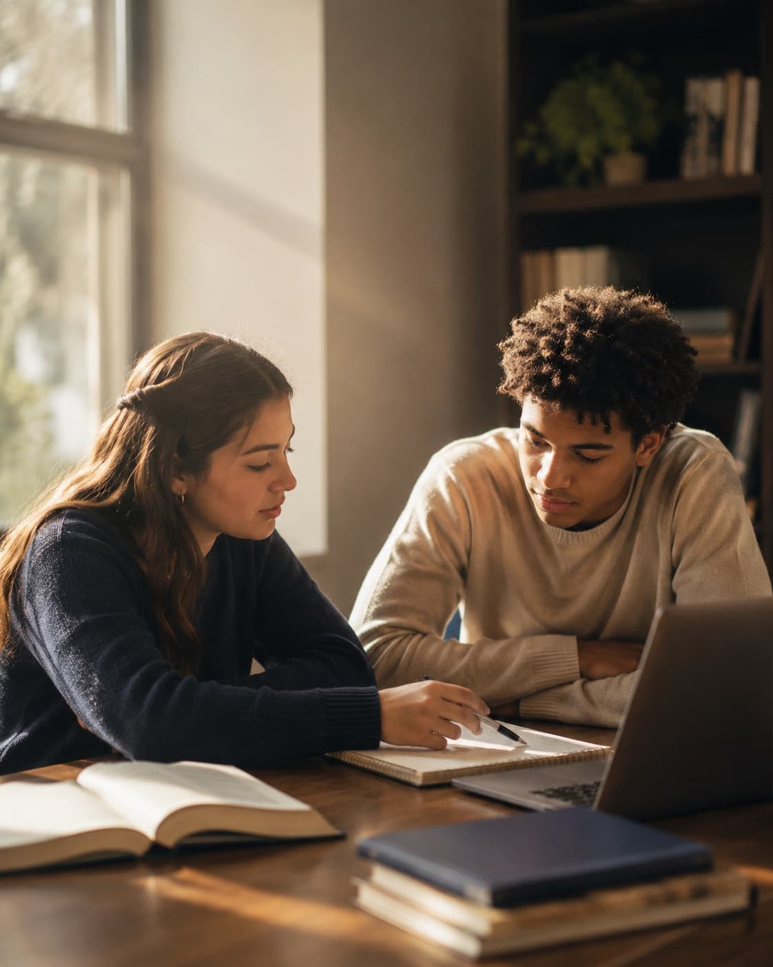 Two high-school-aged students working together at a wooden table, golden hour window light, books and a laptop nearby.